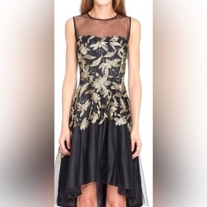 TAHARI Cocktail Dress Black Metallic Gold Embroidered Mesh Overlay High Low 10 👍